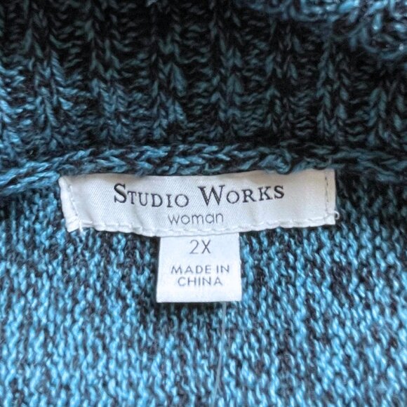 NWT STUDIO WORKS WOMAN 2X Blue / Teal Knit Poncho Sweater Cowl Neck Ruffle Hem - Picture 7 of 10